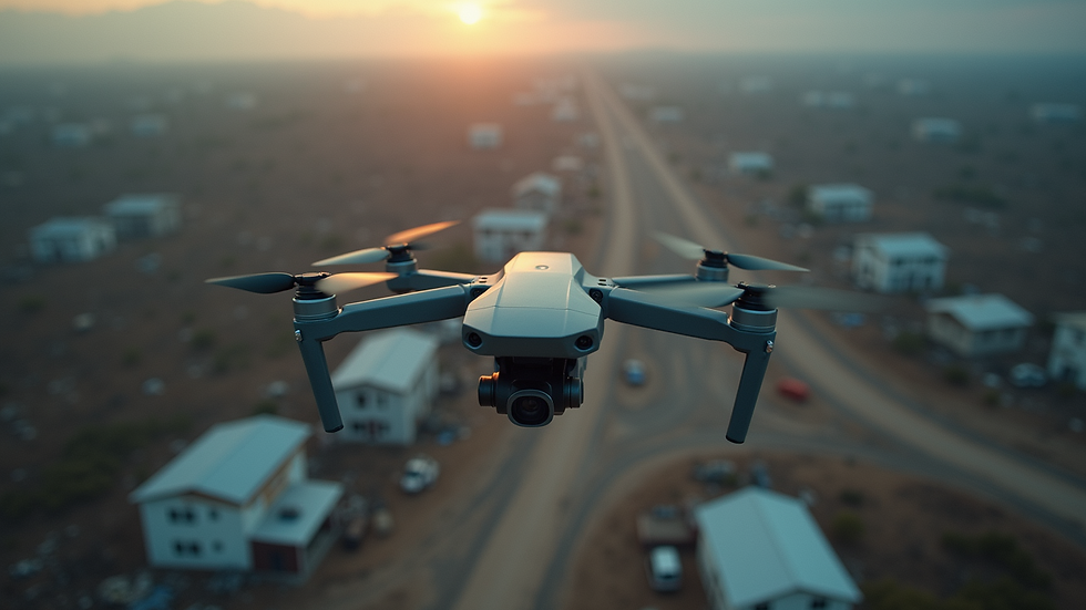 High angle view of a drone surveying a disaster area