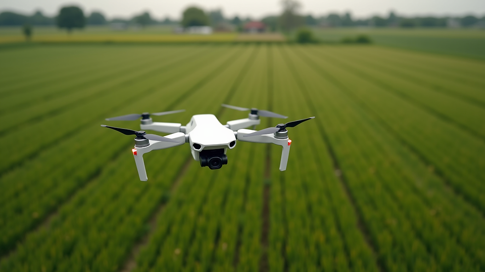 High angle view of a drone flying over a green field