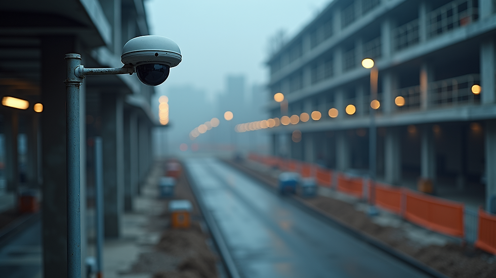 High angle view of a construction site with security cameras and lighting installed