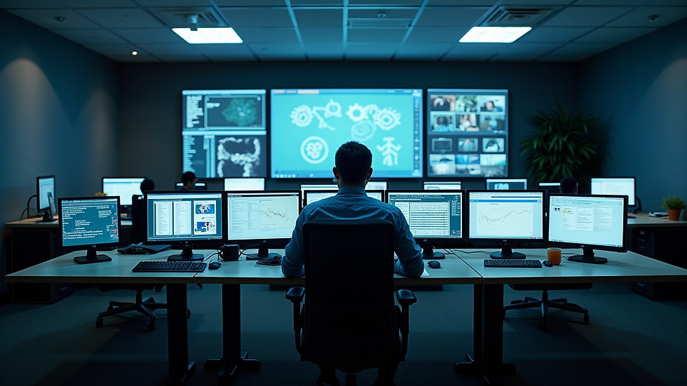 High angle view of a security control room with multiple monitors