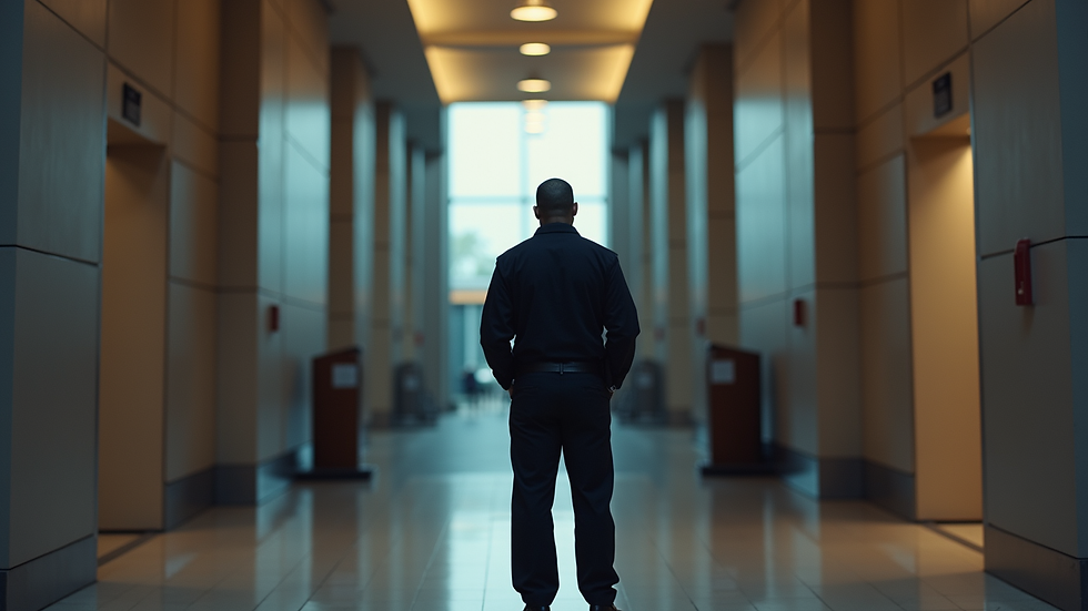 Close-up view of a security guard standing at a building entrance