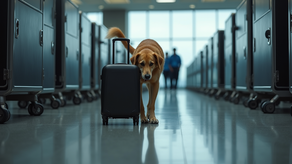 Eye-level view of a bomb detection dog sniffing luggage at an airport checkpoint