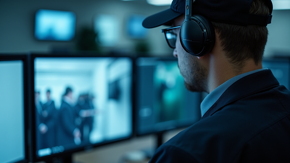 Eye-level view of a security guard monitoring surveillance screens