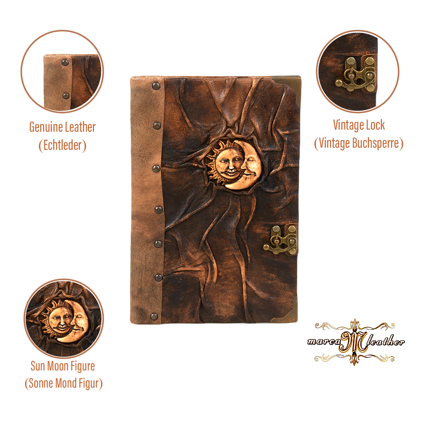 Leather Journal Notebook Sun and Moon Design