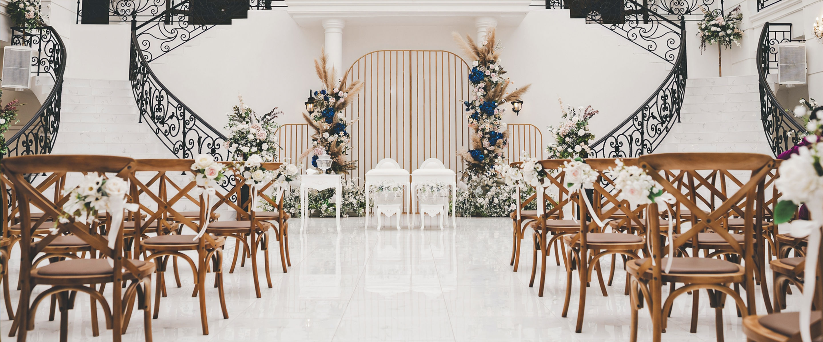 Elegant decorated wedding reception with dance floor