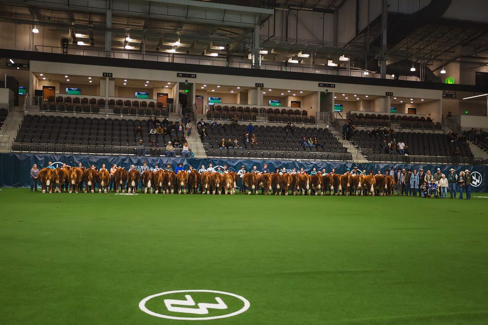 The 90th class of NWSS Catch a Calf contestants in CoBank Arena with sponsors at right. Photo by Liz Munsterteiger.