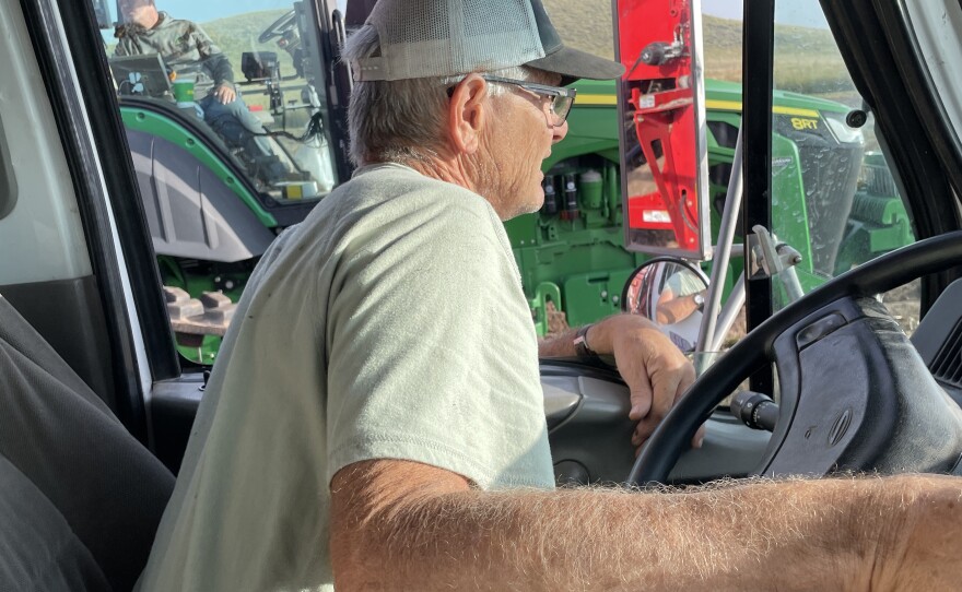 Rod Lenz drives a truck with a bulk bed at Lenz Farms.  His truck can hold roughly 40,000 potatoes.