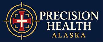 Edit the provided Precision Health Alaska logo only. Move the circular gold crosshair emblem with red cross to the LEFT of the words. Keep everything else unchanged_ same navy background, same emblem design, same text content, same ivor (1).png
