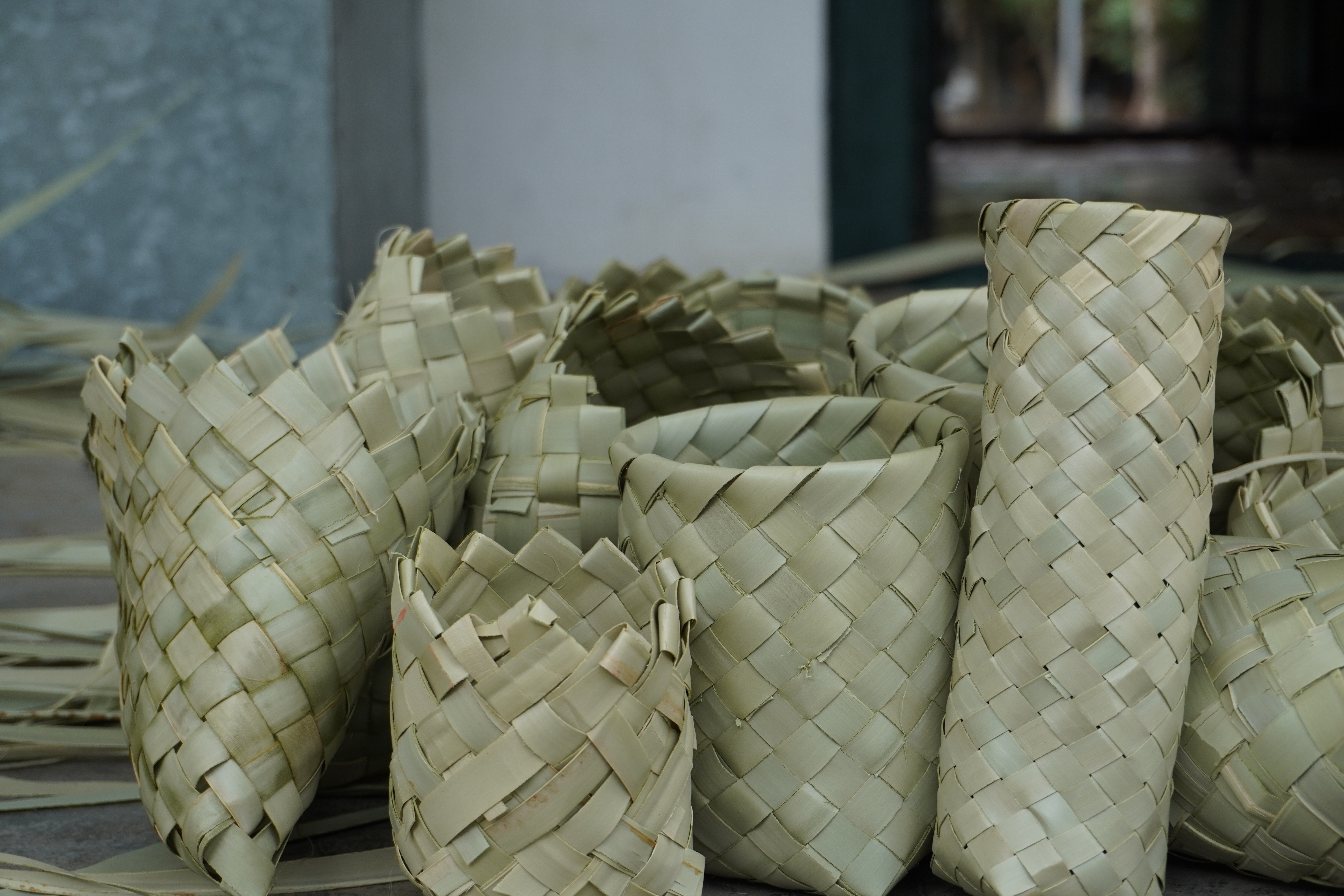 Handwoven palmyra leaf nursery bags from OMCAR’s programme photographs.