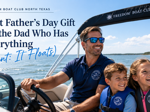 Father driving a Freedom Boat Club boat with his kids on Lake Texoma