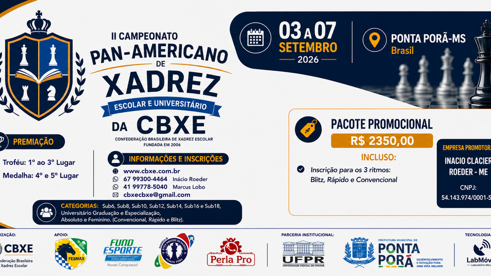 II Campeonato Pan-Americano de Xadrez Escolar e Universitário da CBXE será realizado em Ponta Porã-MS de 3 a 7 de setembro