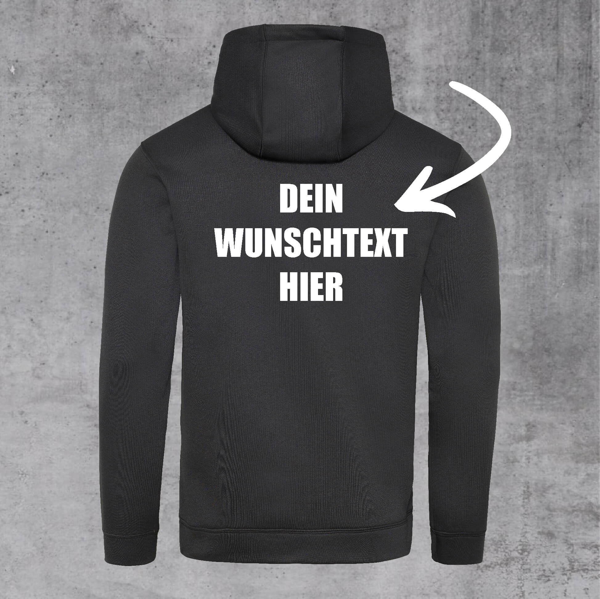windabweisender quick-dry Riding Hoodie WUNSCHTEXT Rücken horizontal