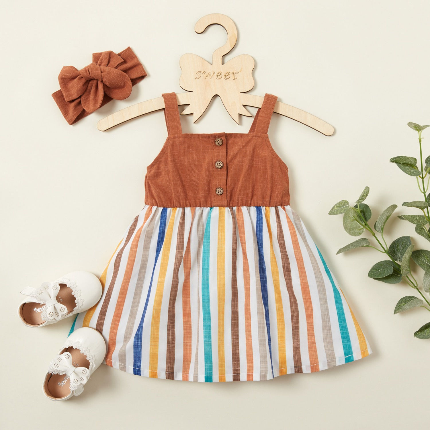 Baby Girl Cute Striped Print Strappy Dress with Headband