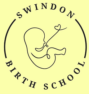 Swindon Birth School logo depicting a newborn baby shape with a loveheart in it's umbilical cord