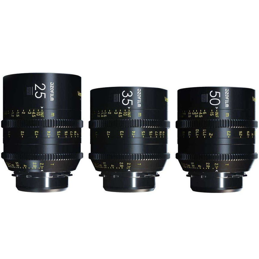 DZOFilm Vespid Prime Cine Lens front view 25mm / 35mm / 50mm