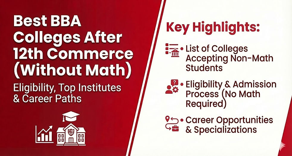 Best BBA colleges after 12th commerce without math. Key highlights: college list, admission process, career opportunities. Red and white layout.