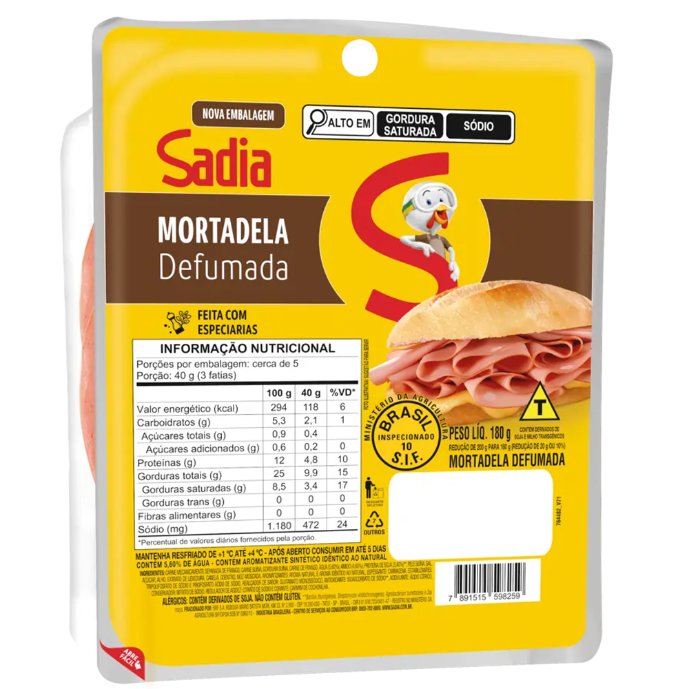 MORTADELA DEF. FAT. EMB. VACUO SADIA 16X180G