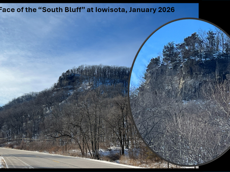 landscape view of a forest covered bluff with a rocky crag
