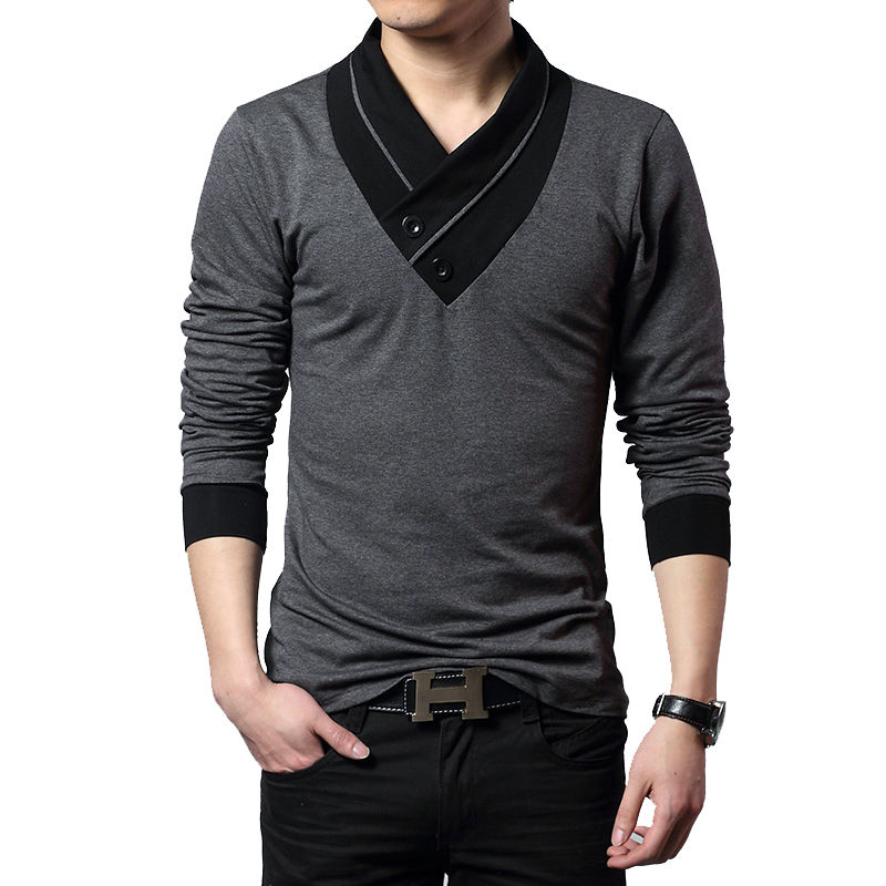 Miniatura: 2025 marca de moda tendência fino ajuste manga longa t camisa masculina retalhos