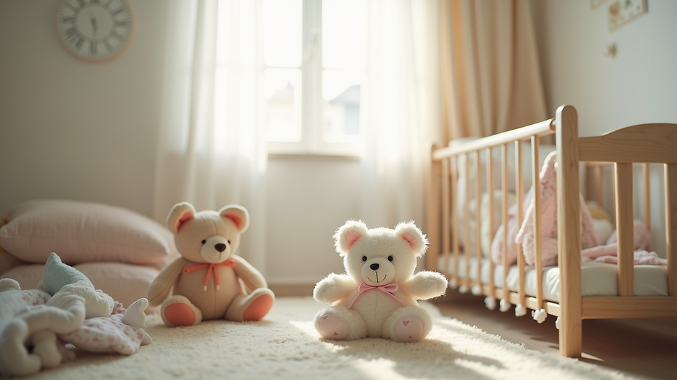Close-up view of a cozy nursery with soft toys and a crib