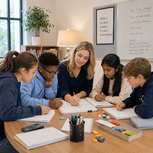 Small-group math class at Math Mastery School in Oakville, with elementary students solving word problems together using pencil and paper