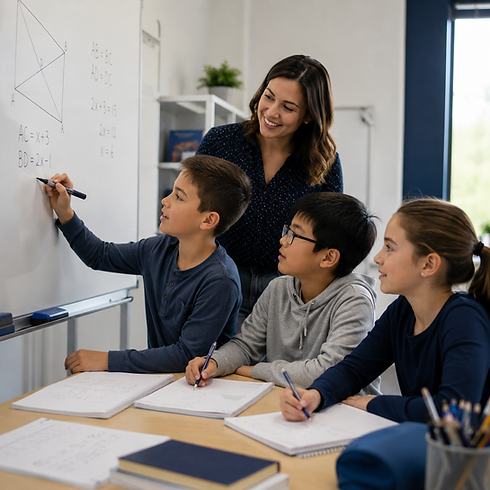 Students solving geometry problems at the whiteboard in a small-group math class at Math Mastery School in Oakville, Ontario