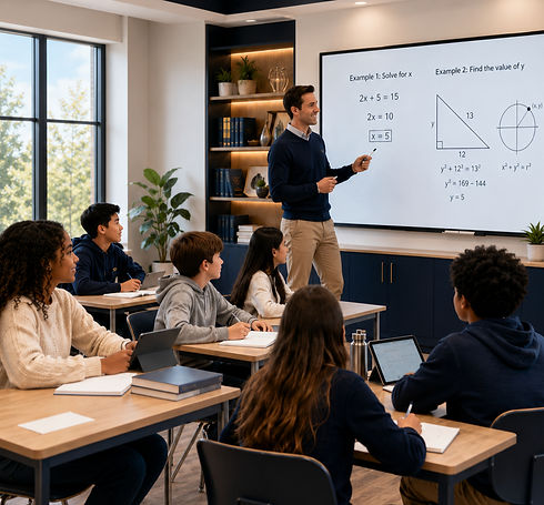 Math instructor teaching algebra and geometry to a small group of middle school students in a Math Mastery School classroom in Oakville, Ontario