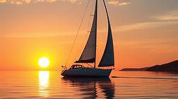 Please create an image of a sail boat along the new england coastline at sunrise.jpg