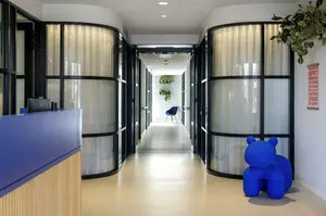 Medical consulting suites - main hallway with curved glazed partitions, sheer curtains, layered lighting, and natural plants.
