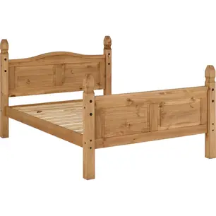 Corona 4'6 Bed High Foot End. Double bed. Mexican style. Solid Pine Wood construction. Distressed Waxed Pine.