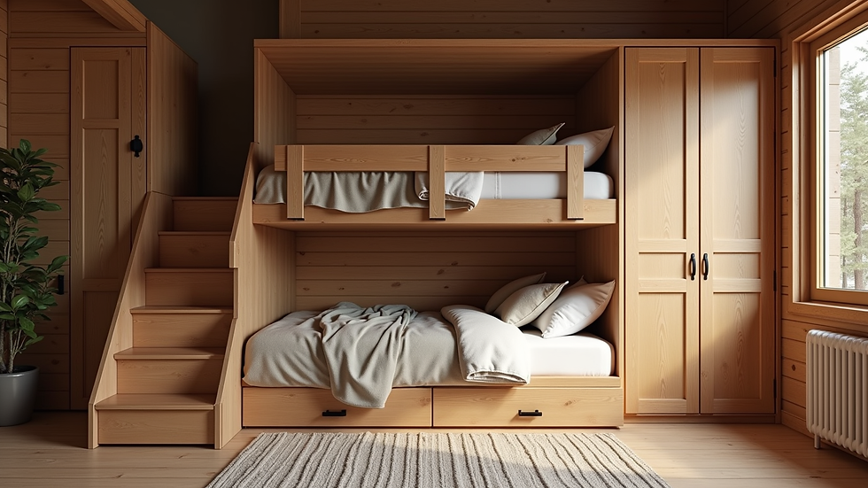 Eye-level view of a custom wooden bunk bed with built-in storage in a cozy mountain cabin bedroom