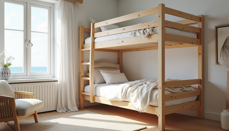Eye-level view of a custom wooden bunk bed in a bright beachside bedroom