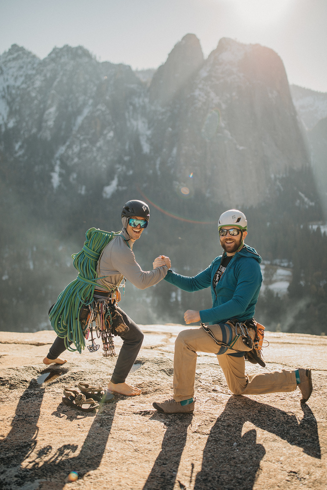 Vertical Medicine creators Erik Griffith, left, and Ryan Armstrong, right, together in climbing equipment above Yosemite Valley