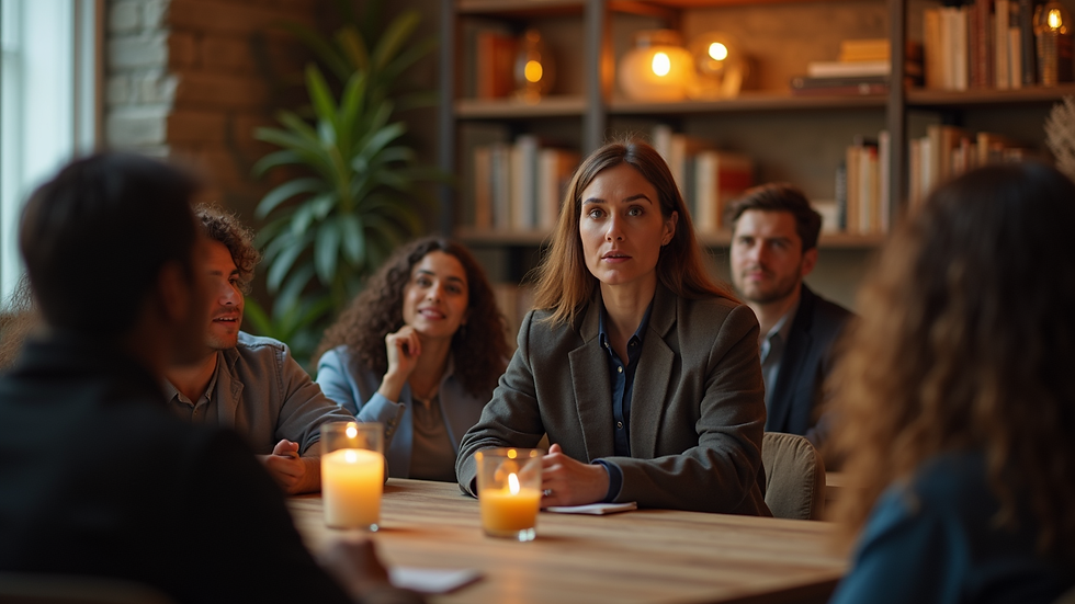 Eye-level view of a person speaking to a small group in a cozy setting