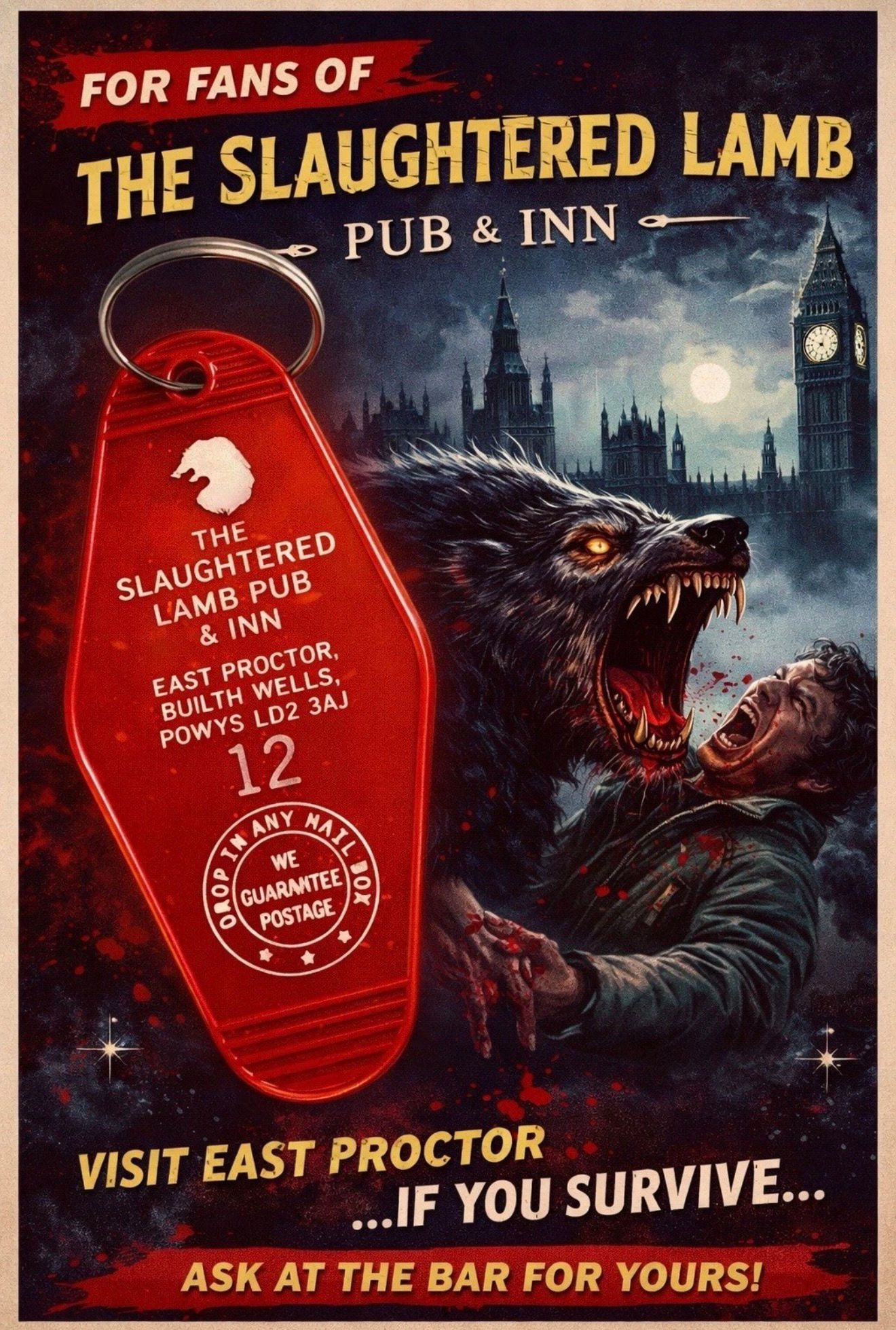 "American Werewolf" in London" inspired slaughtered lamb pub keytag