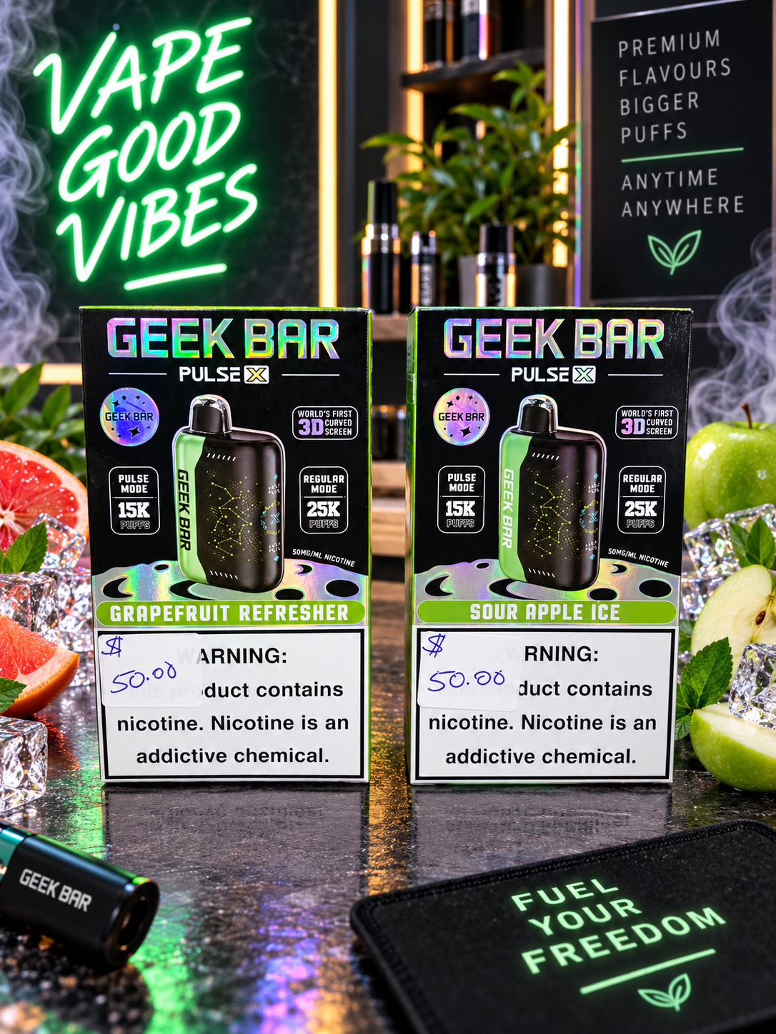 Geek Bar Pulse X disposable nicotine vapes in various flavours with 50 mg/mL nicotine.
