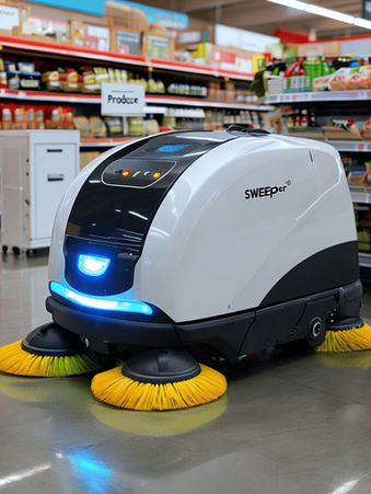 Autonomer Reinigungsroboter reinigt den Boden in einem Supermarktgang – professionelle Bodenreinigung im Einzelhandel.