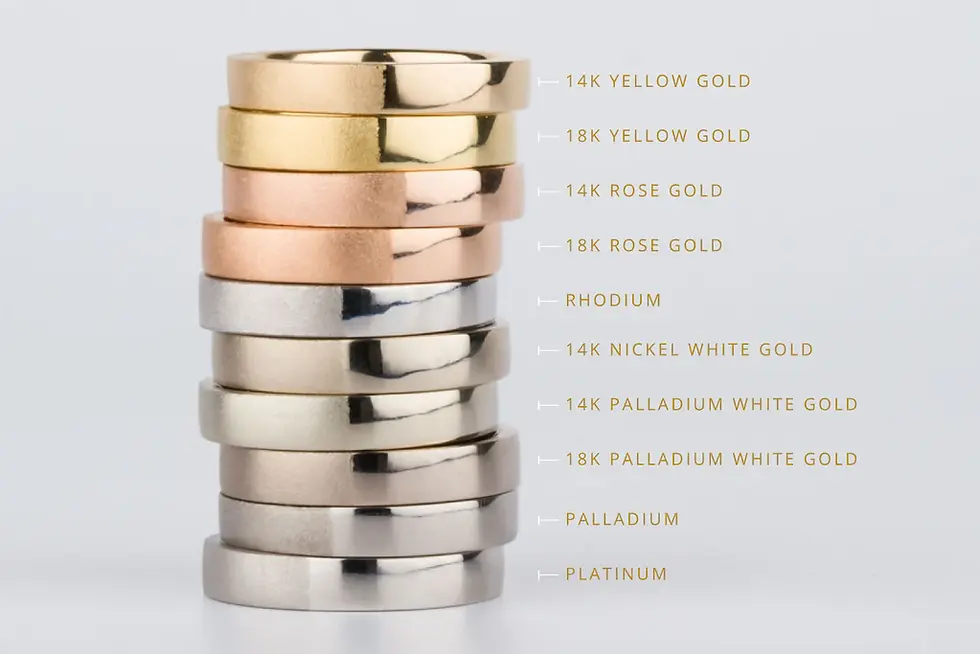 K gold; Palladium; Platinum; Yellow Gold; Rose Gold; White Gold; Rhodium
