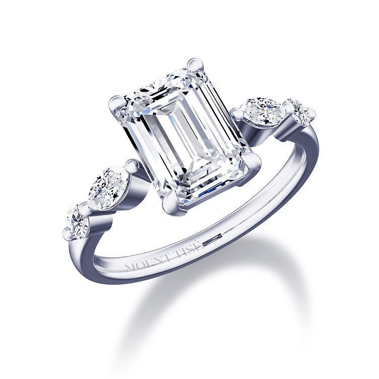 Lumière系列 | 橄欖枝戒臂四爪祖母綠鑽戒| 18K白金 | PT950鉑金