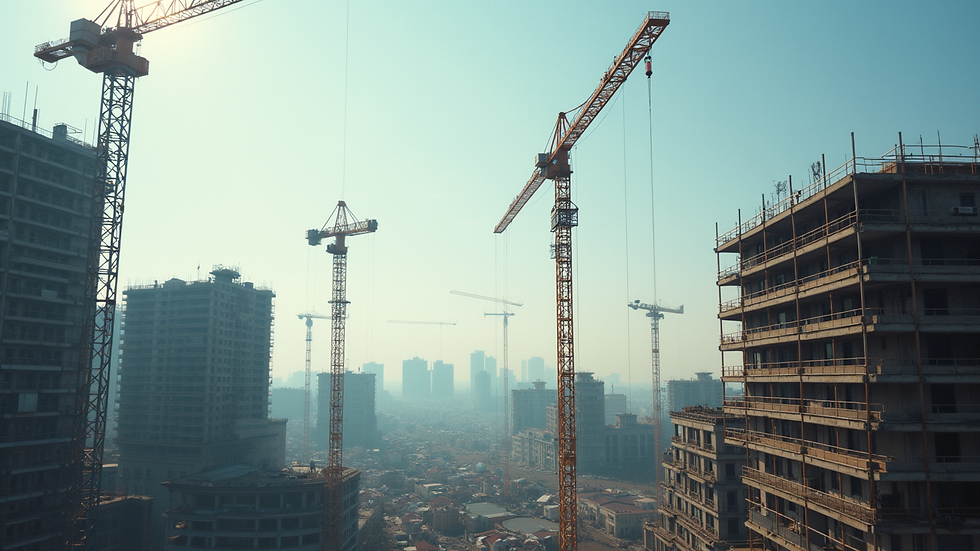 Wide angle view of a construction site with cranes and scaffolding