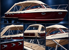 Rotes Motorboot mit beigem Verdeck und Detailansichten