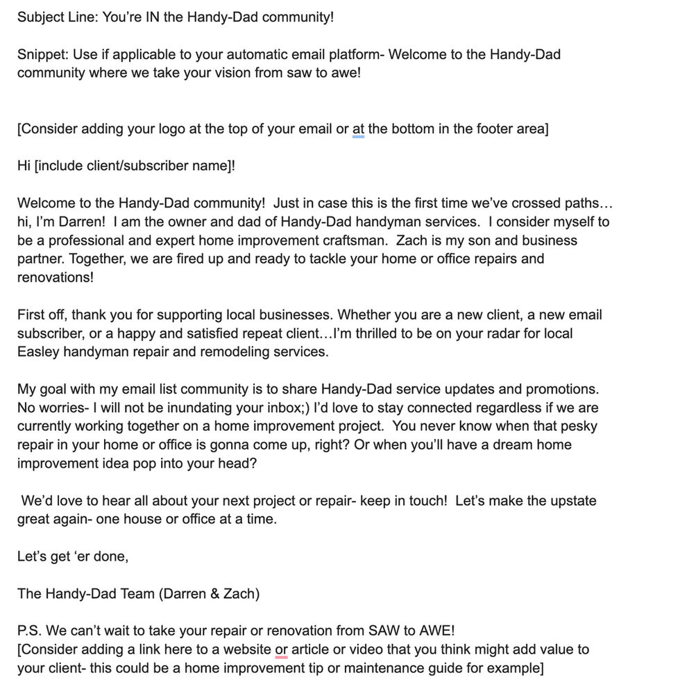 Handy-Dad Welcome email no. 1