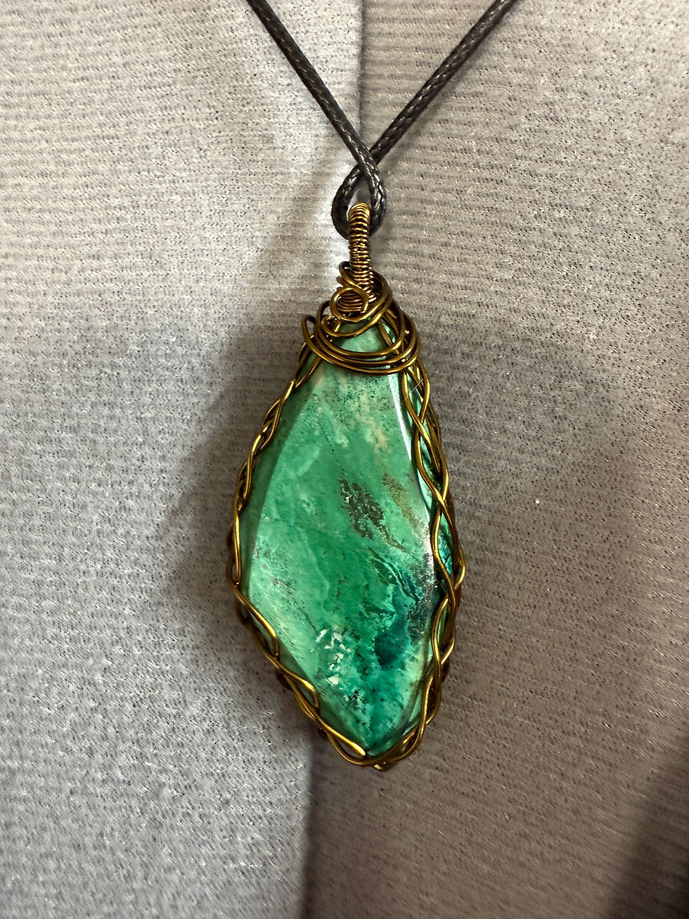 Thumbnail: Chrysoprase Pendant – Hand-Wrapped Antique Brass Wire