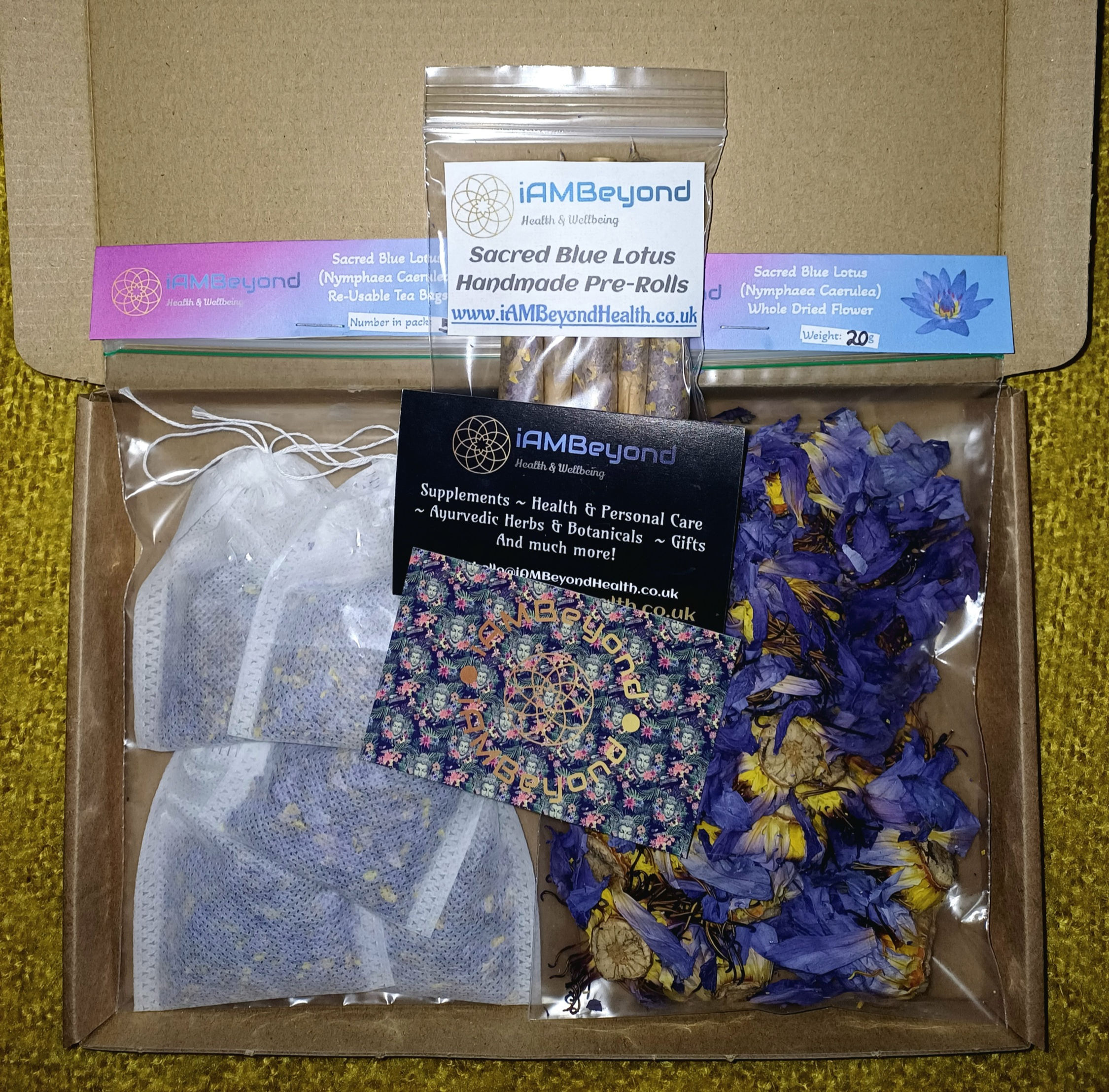 Blue Lotus Sample box, with pre-rolls, teabags and whole flowers