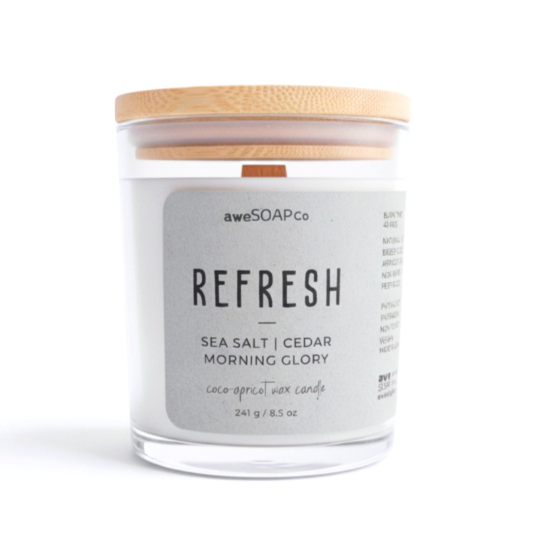 Refresh Candle - Sea Salt, Cedar, Morning Glory, Non-Toxic, Wood Wick Candle