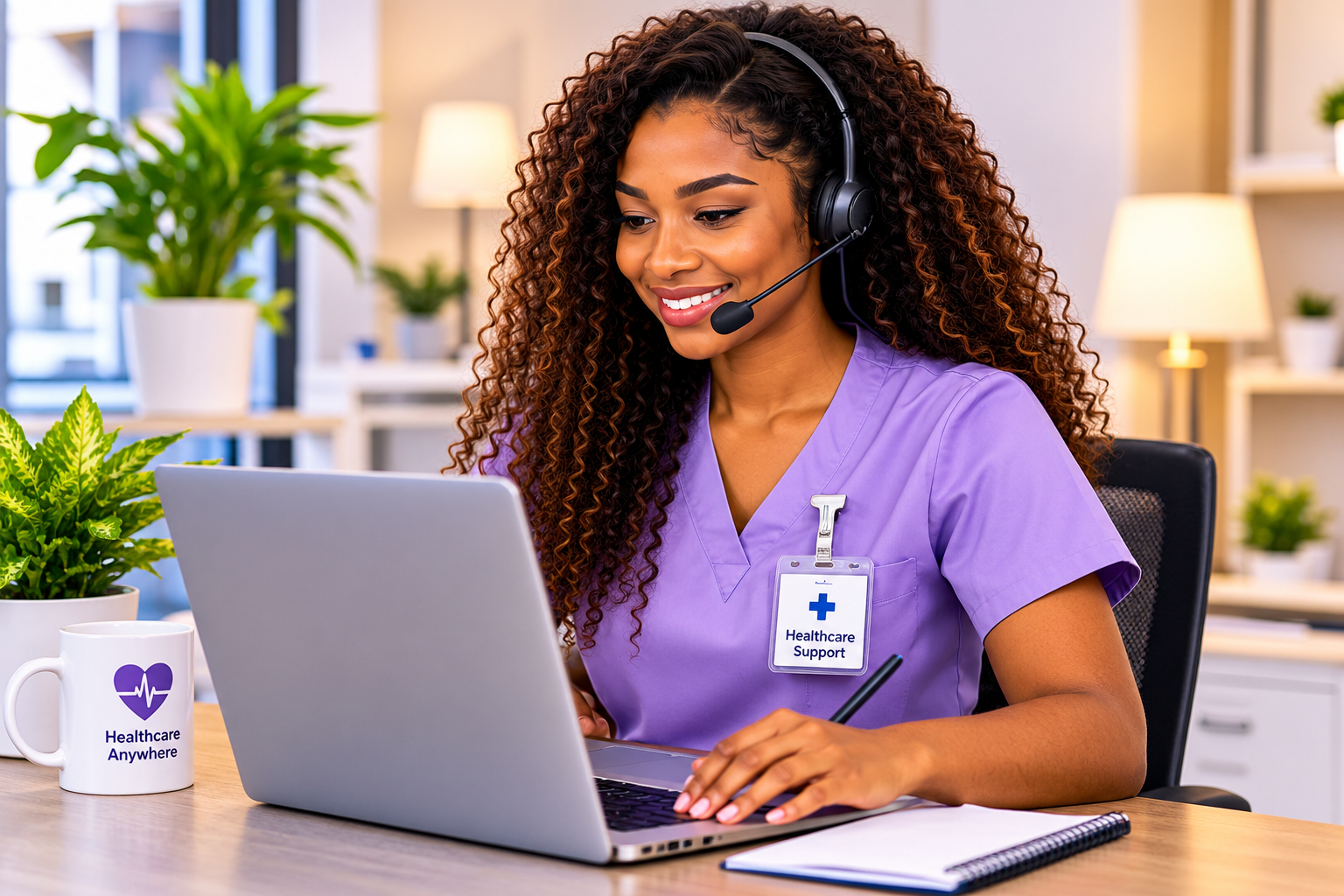 Healthcare support professional working remotely at a computer