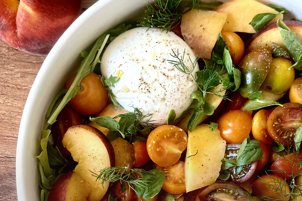 Peach, Cherry Tomato & Burrata Salad with Champagne Honey Vinaigrette