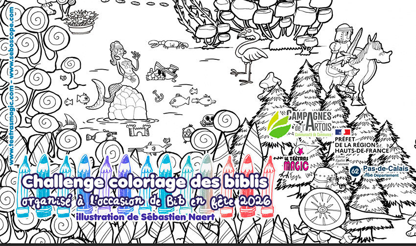 Pour "Bib en fête 2026", les Campagnes de l'Artois m'ont invité à créer un coloriage géant sur le thème des contes.