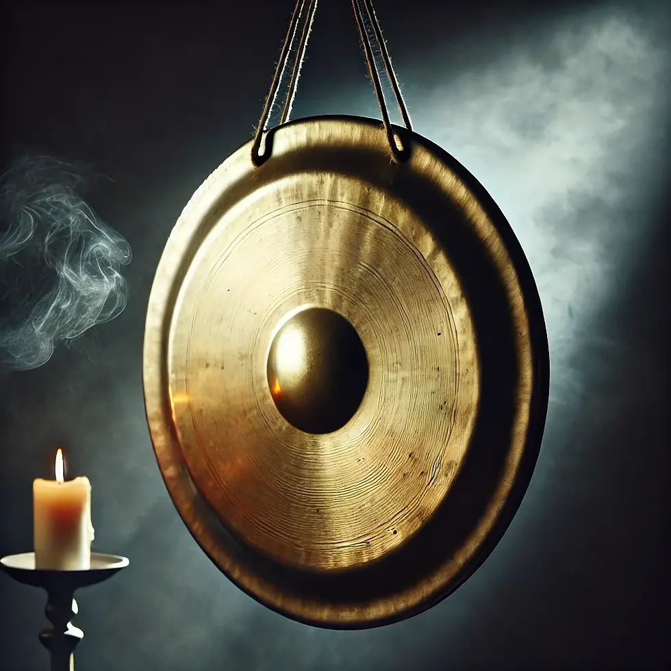 A golden wind gong hangs in dim candlelight, its smooth surface marked by the artisan’s hand, evoking silence, depth, and ancient resonance.