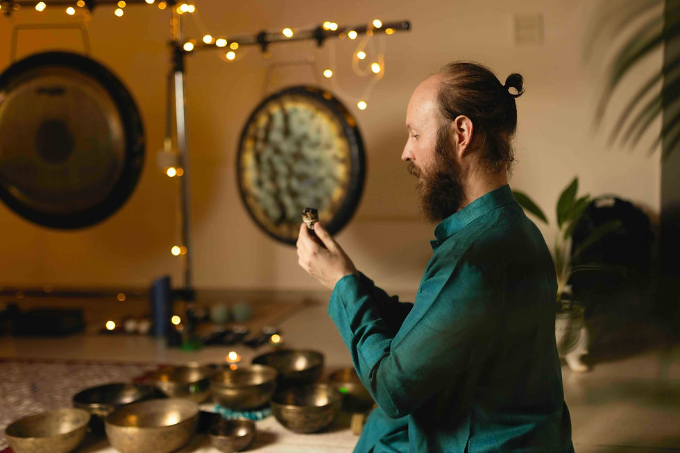 A peaceful home environment set up for sound healing, creating the perfect atmosphere.